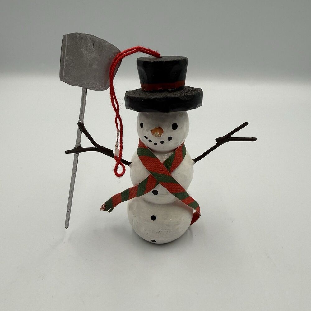 Midwest Wooden Snowman Christmas Ornament with Shovel 4.25" Tall Scarf Top Hat.